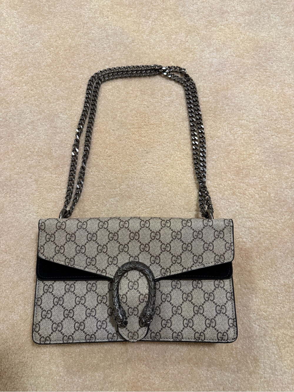 Gucci Beige and Black Monogram Shoulder Bag with Chain Strap